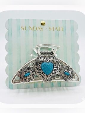 NWT ⚜️🩵⚜️ Sunday State Turquoise Heart Stone Silver Toned Metal Hair Claw Clip